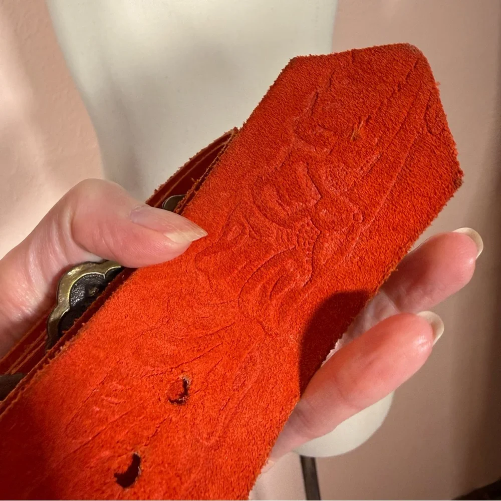 Vintage 1960 70 Boho Exotic Brass buckle Embossed red Leather wide festival Belt